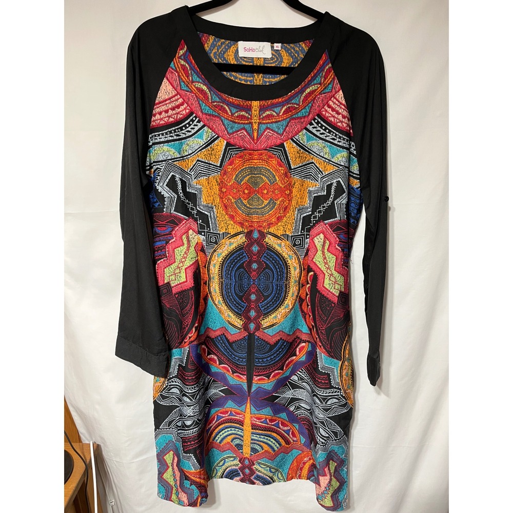 Soho Chic Women's XL Tunic Dress Black Multicolor Geometric Print Long Sleeve‎